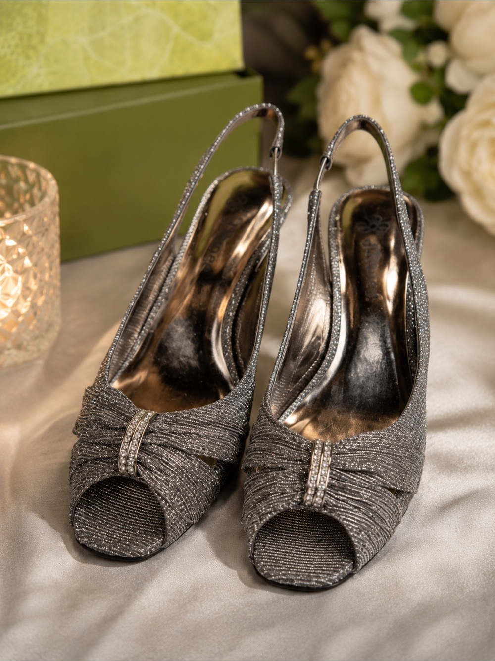 J. Renee Slader Pewter Glitter Slingback PeepToe Kitten Heel NIB 7.5 Bridal